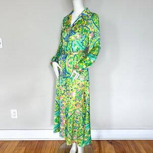 Escandelle | French Designer Maxi Dress Tropical Print Retro Long Sleeve Satin